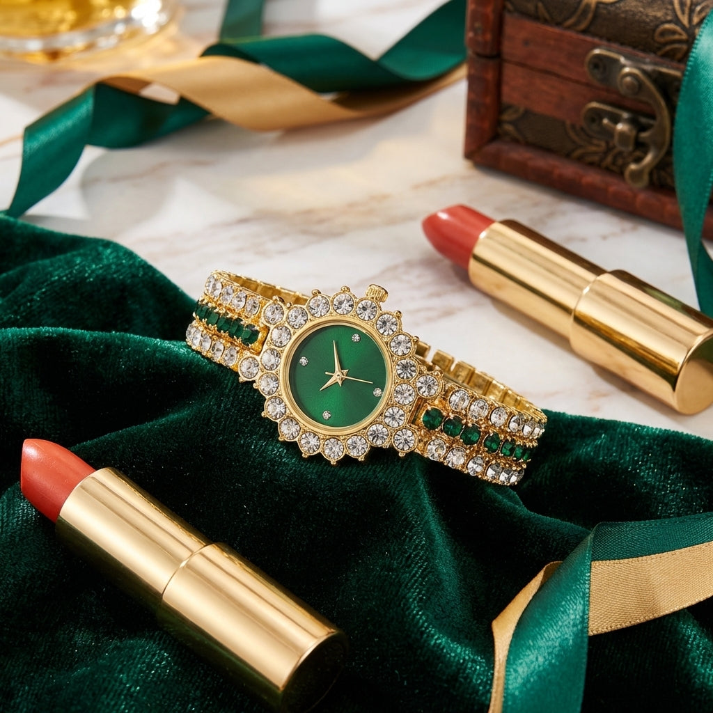 Set Bijuterii Aurii cu Pietre Verzi – 5 Piese cu Ceas și Accesorii