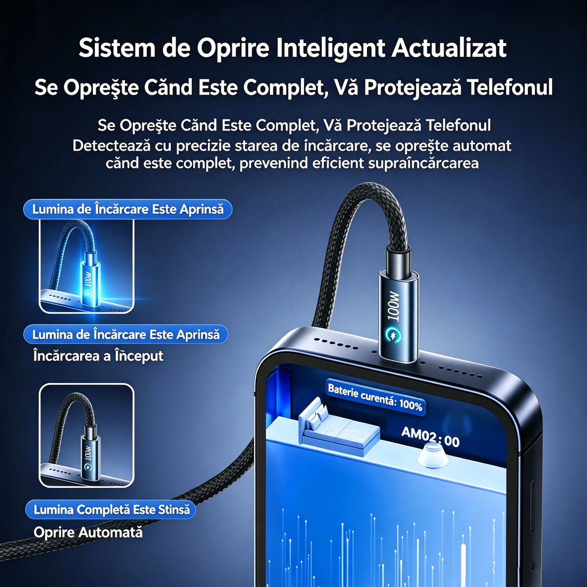 Cablu de încărcare rapidă cu oprire automată