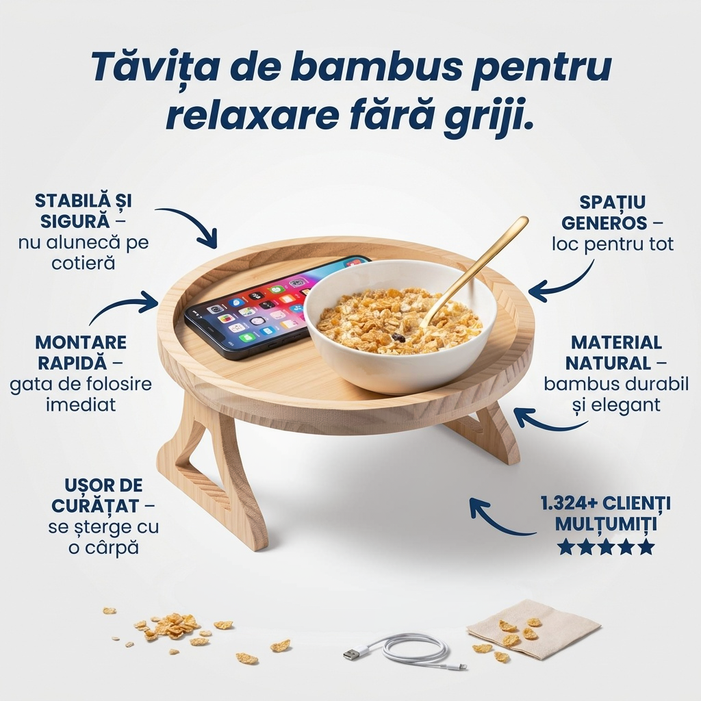 Tăviță de bambus pentru cotiera canapelei