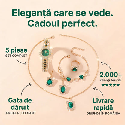 Set Bijuterii Aurii cu Pietre Verzi – 5 Piese cu Ceas și Accesorii