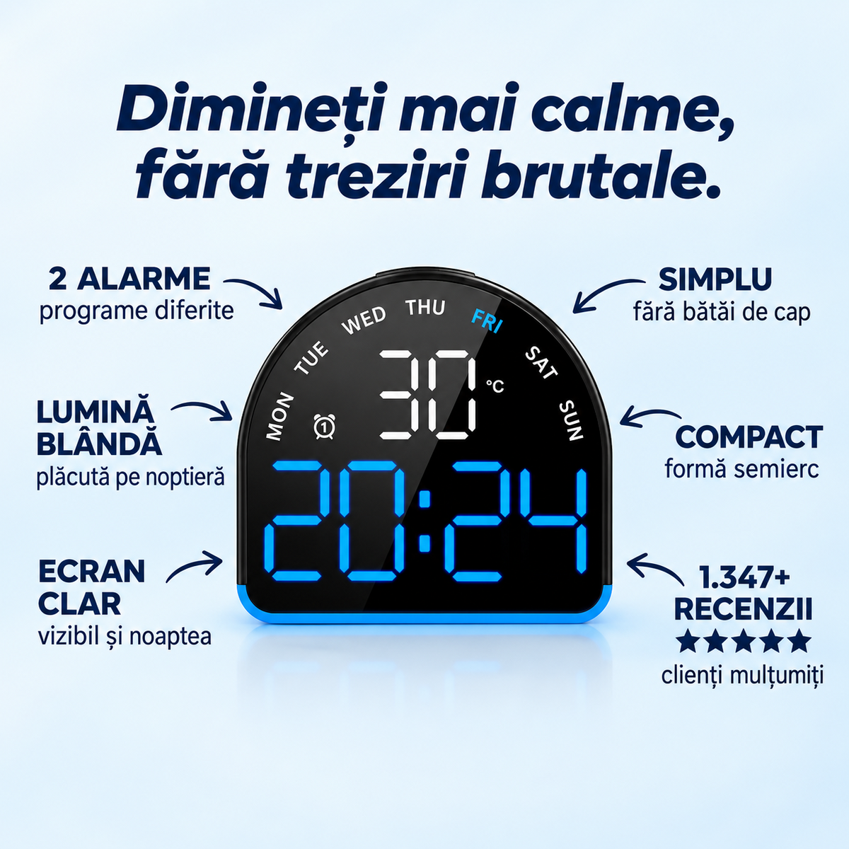 Ceas deșteptător digital cu lumină ambientală