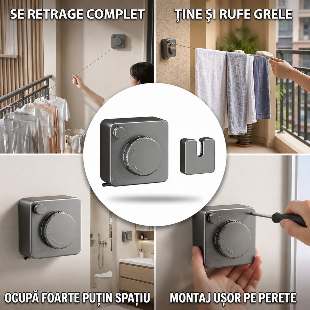 Suport retractabil de rufe pentru balcon